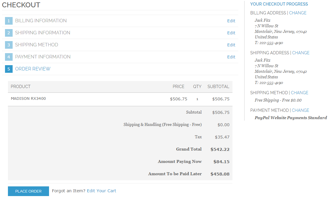 Order summary with a Partial Payment option