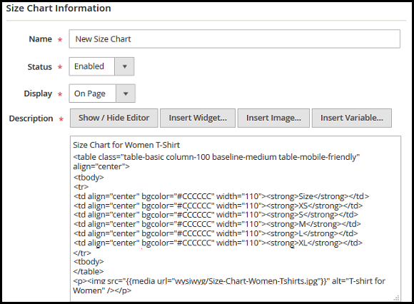 Create Customised Size Charts