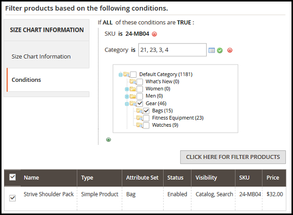 Display Size-charts based on Product Attributes