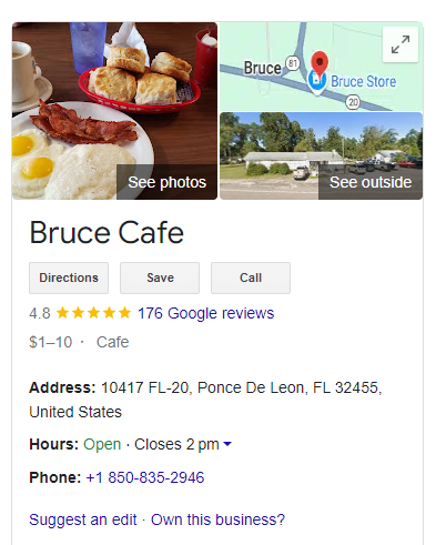 Google My Business profile for Bruce cafe