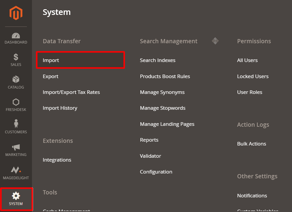 Navigate to Import Configurations