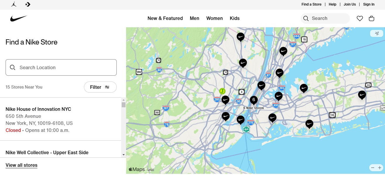 Nike Store Locator Page