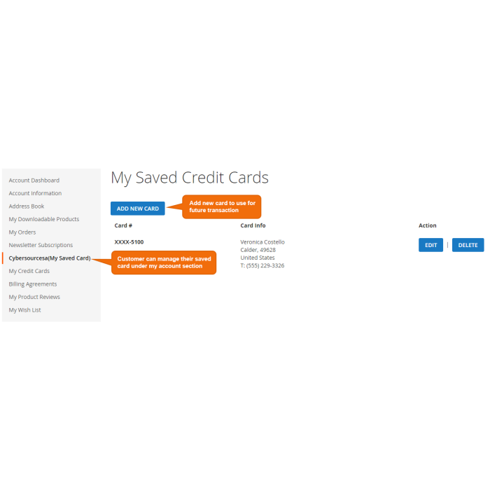 Manage Credit Cards From My Account||Manage Credit Cards From My Account || magento 2 cybersource secure acceptance