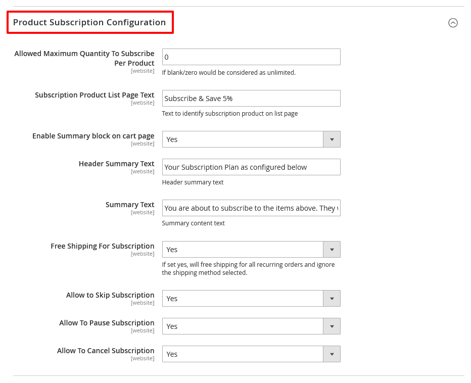 Product Subscription Configuration