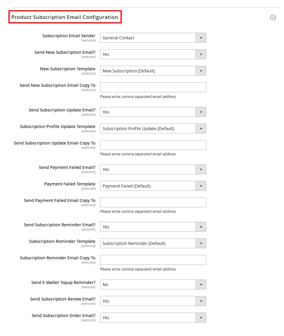 Product Subscription Email Configurations