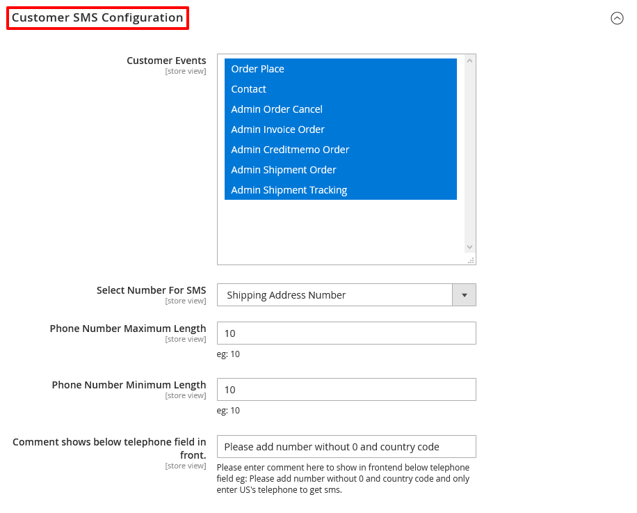 Customer SMS Configurations