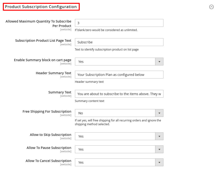 PRoduct Subscription Configurations