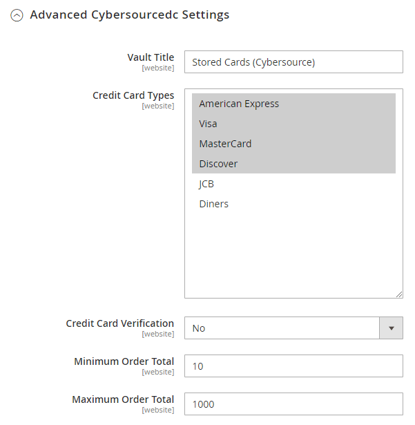 Advanced Cybersource Settings