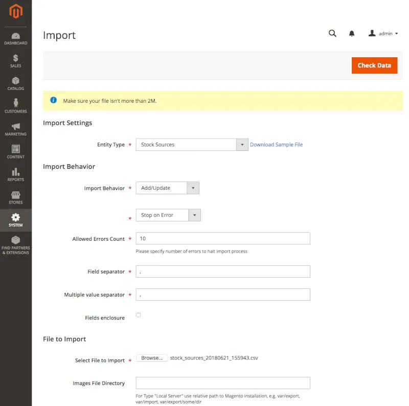 Import Settings Section in Magento 2 Store