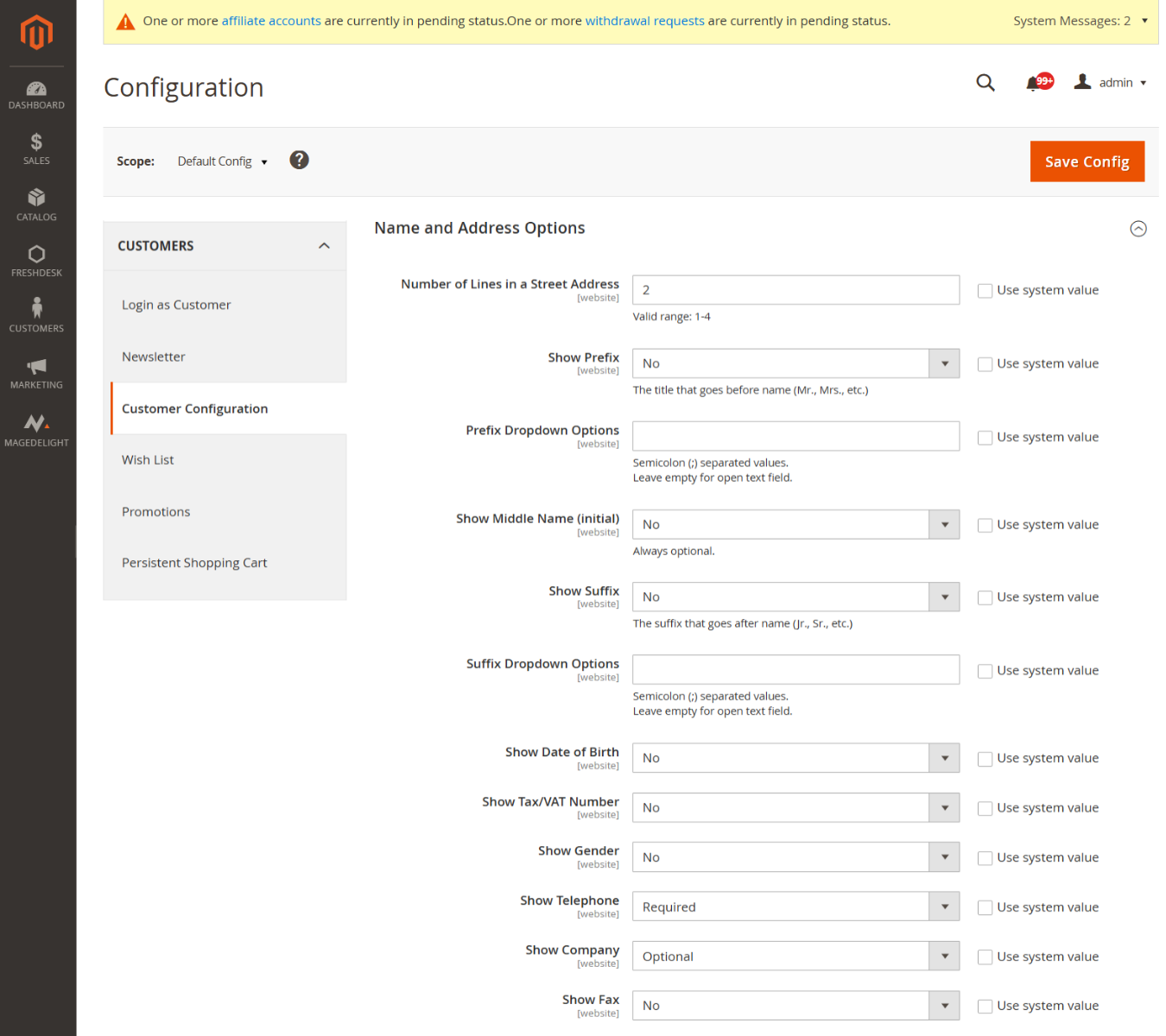 Customer Name and Address Options Configuration