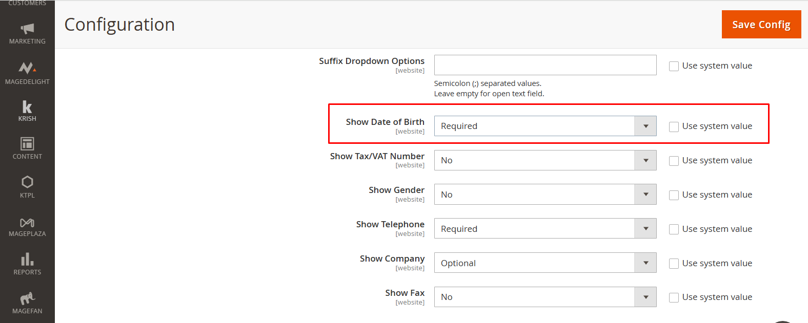 Select Required in Show Date of Birth field