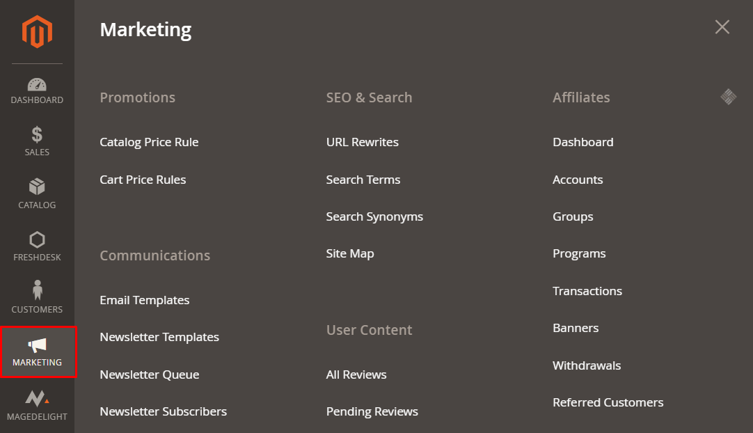 Access the Marketing in Magento Admin Panel