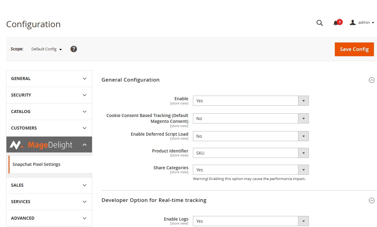 Configure Snapchat Pixel in Magento Backend