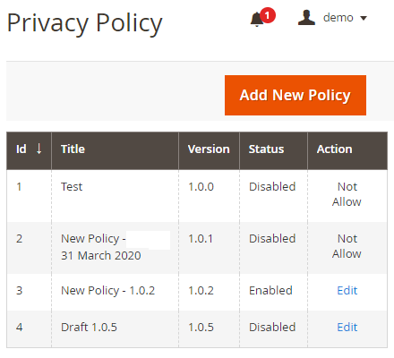 Manage Privacy Policy Versions