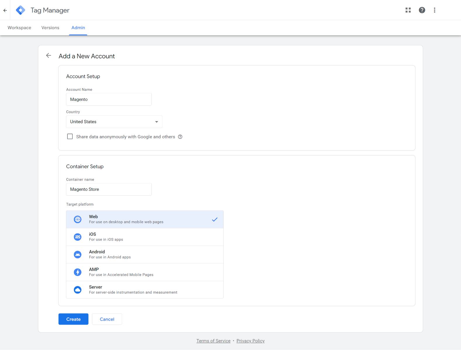 Create GTM Account and Container