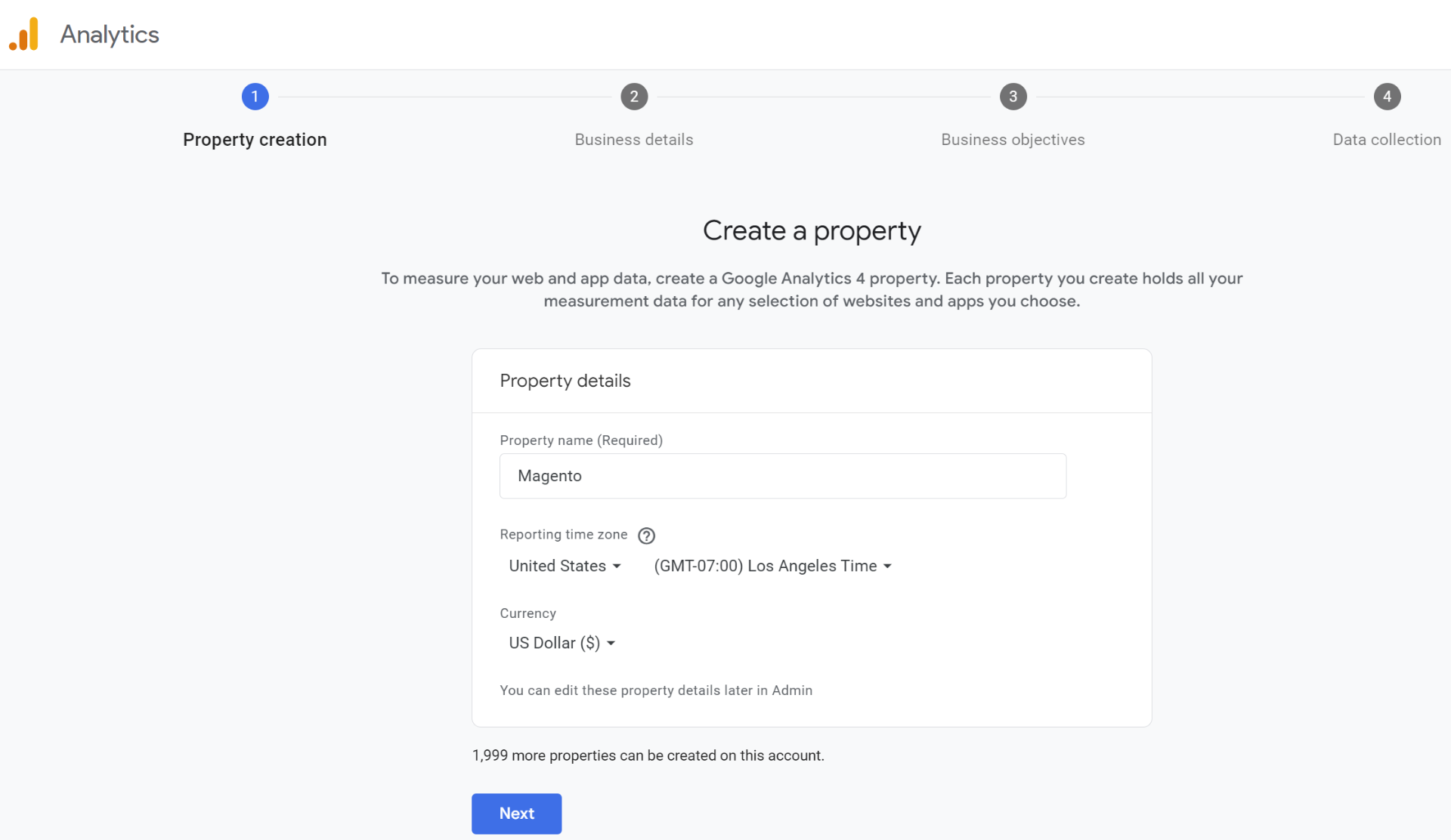 Create New Propery in Admin of GA